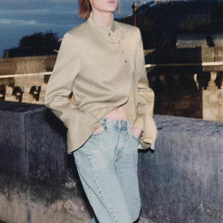 Damen Asymmetrische Satin-Bluse-Jacke mit Mandarinkragen und Glockenärmeln Echoarchiv