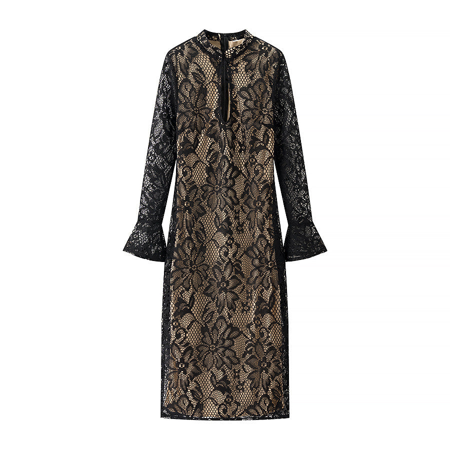 Damen florales Spitzen-Midikleid mit gefüttertem Nude-Unterkleid, Stehkragen, V-Schlitz und Glockenärmeln – Élara