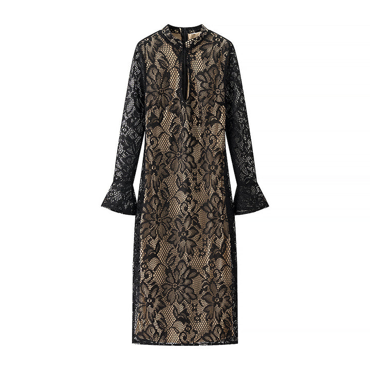 Damen florales Spitzen-Midikleid mit gefüttertem Nude-Unterkleid, Stehkragen, V-Schlitz und Glockenärmeln – Élara