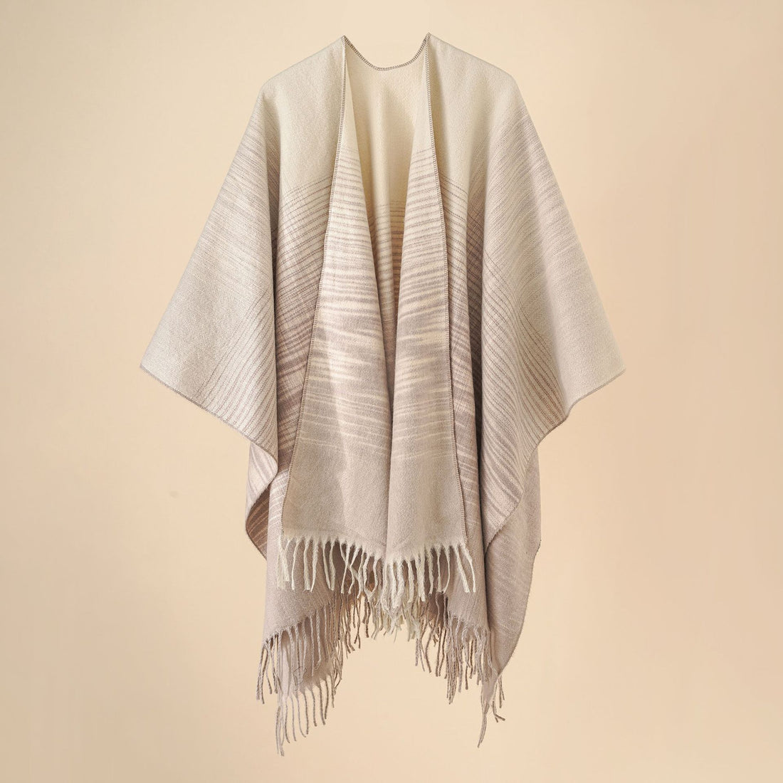 Damen Fransen‑Cape aus Wollmix mit offenem Fall und reversiblem Jacquard – Célinea