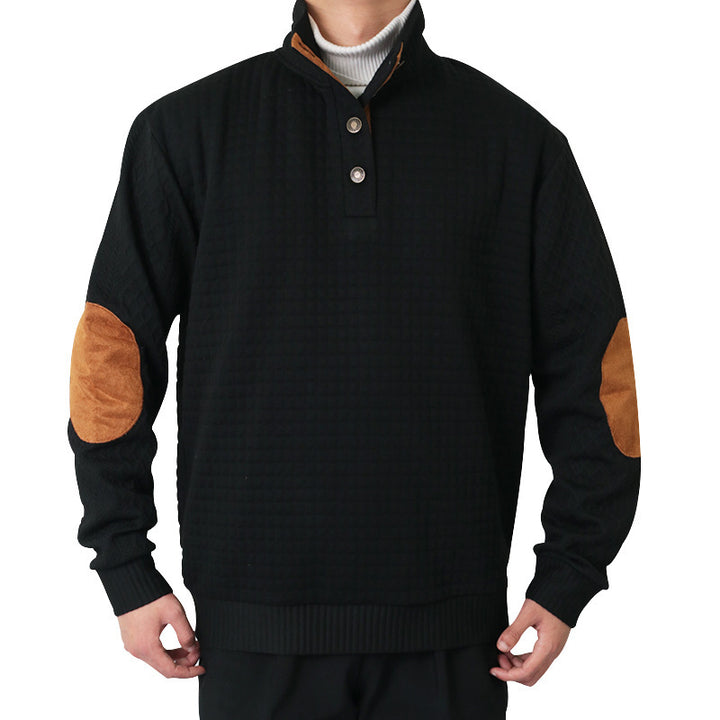 Herren Waffelstrick-Halbzip-Pullover mit Stehkragen Lederbesatz und Ellbogenpatches Echoarchiv