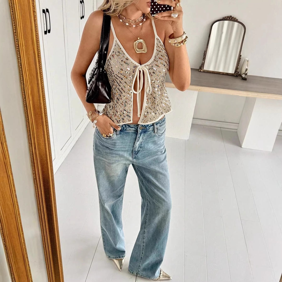 Damen Glitzerndes Top mit V-Ausschnitt und Bindeband Echo Archiv