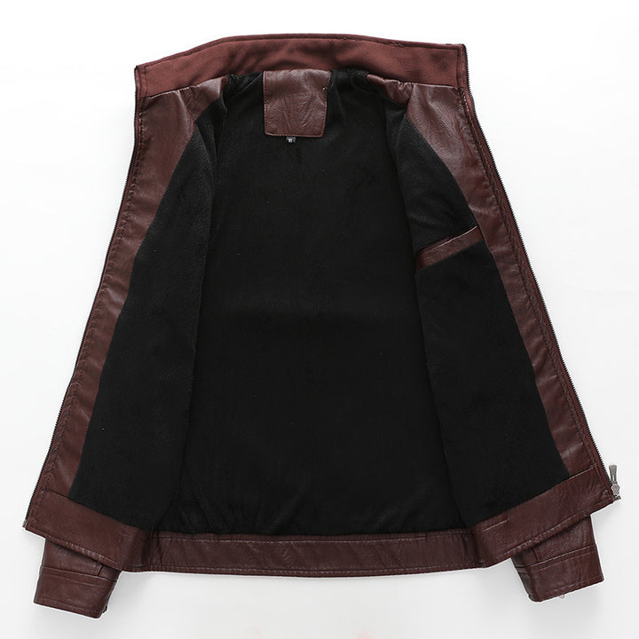 Herren Lederimitat Bikerjacke mit Stehkragen und Reißverschlusstaschen – Valtoré