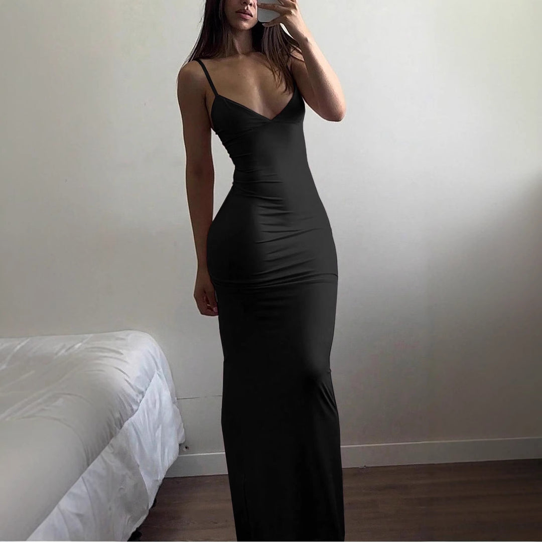 Damen Elegantes Etuikleid mit tiefem V-Ausschnitt und trägerlosem Design Echo Archiv