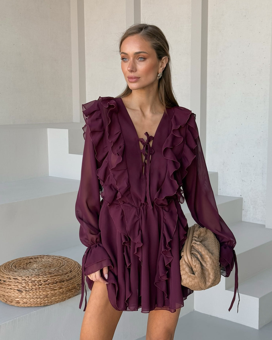 Damen Romantisches Chiffon-Minikleid mit Volants und Schnürdetail Echoarchiv