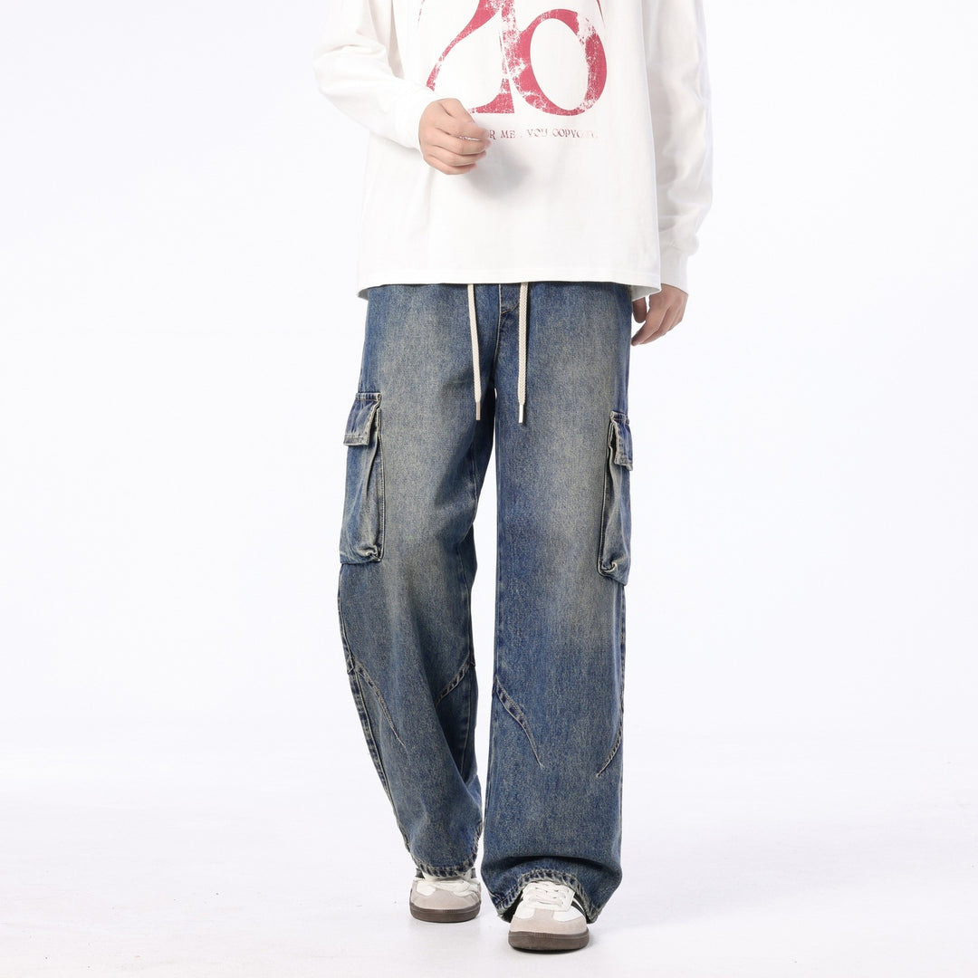 Herren Weite Cargo-Denimhose mit Tunnelzug, Used‑Waschung und Oversize‑Passform Echo Archiv