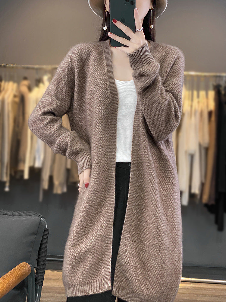 Damen Langer Offener Strickcardigan mit Samenmuster und gerippten Abschlüssen Echoarchiv
