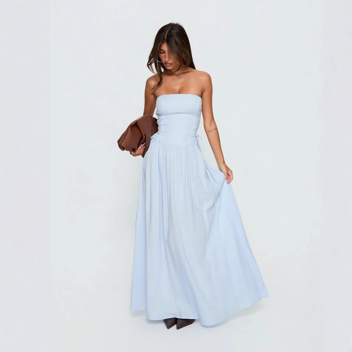 Damen Maxi-Kleid mit schulterfreiem Design und seitlichen Rüschendetails Echo Archiv