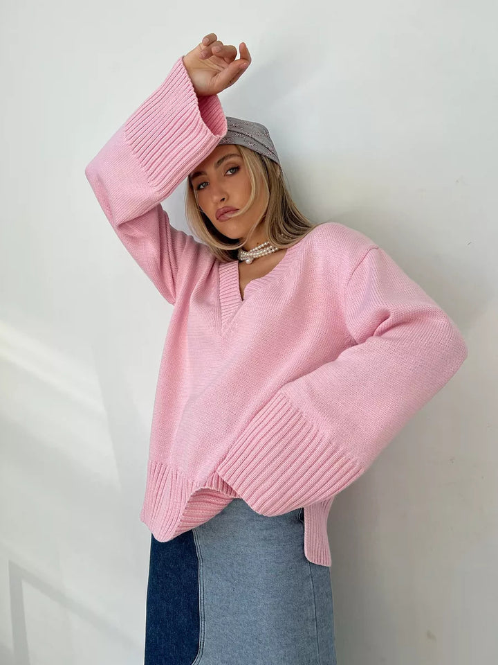 Damen oversized V-Ausschnitt Strickpullover mit breiten Rippbündchen und leichtem Fall – Mavelle