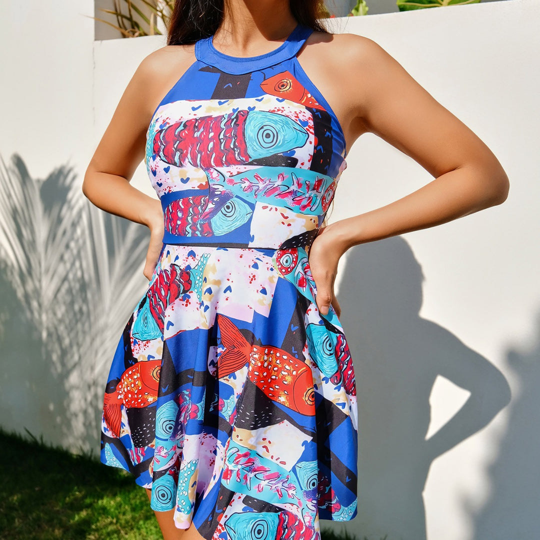 Damen Sommerkleid mit buntem Fische-Print und schwingendem Rock Echo Archiv
