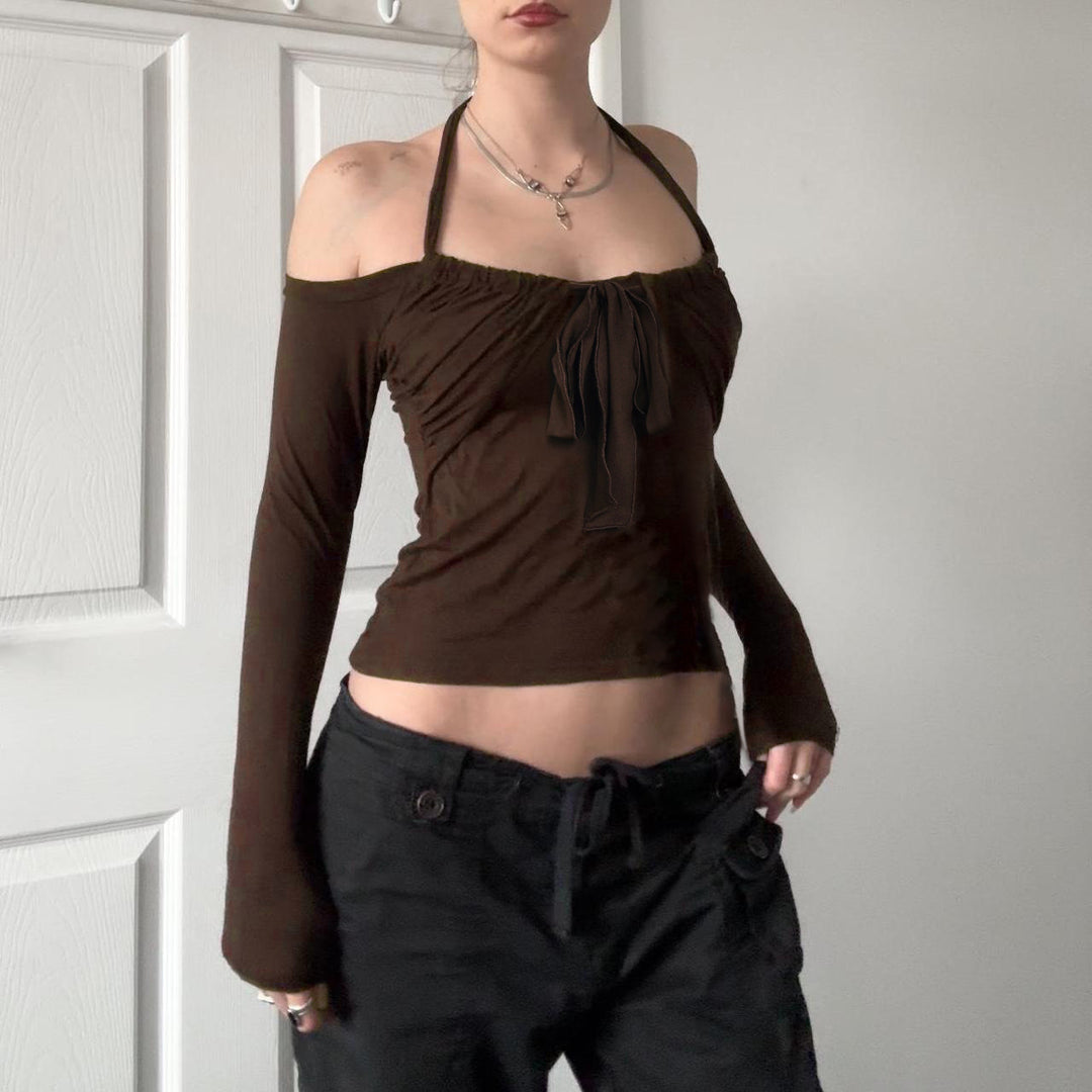 Damen Kurzgeschnittenes Schulterfreies Longsleeve mit Neckholder, Brustraffung und BindEcho Archivand – Avérine