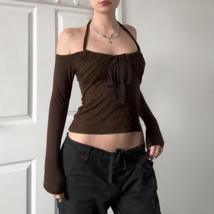 Damen Kurzgeschnittenes Schulterfreies Longsleeve mit Neckholder, Brustraffung und BindEcho Archivand – Avérine
