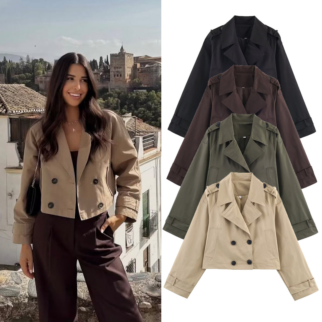 Damen Kurzgeschnittene Trenchjacke im Boxy‑Schnitt mit Doppelreiher und Schulterriegeln Echo Archiv
