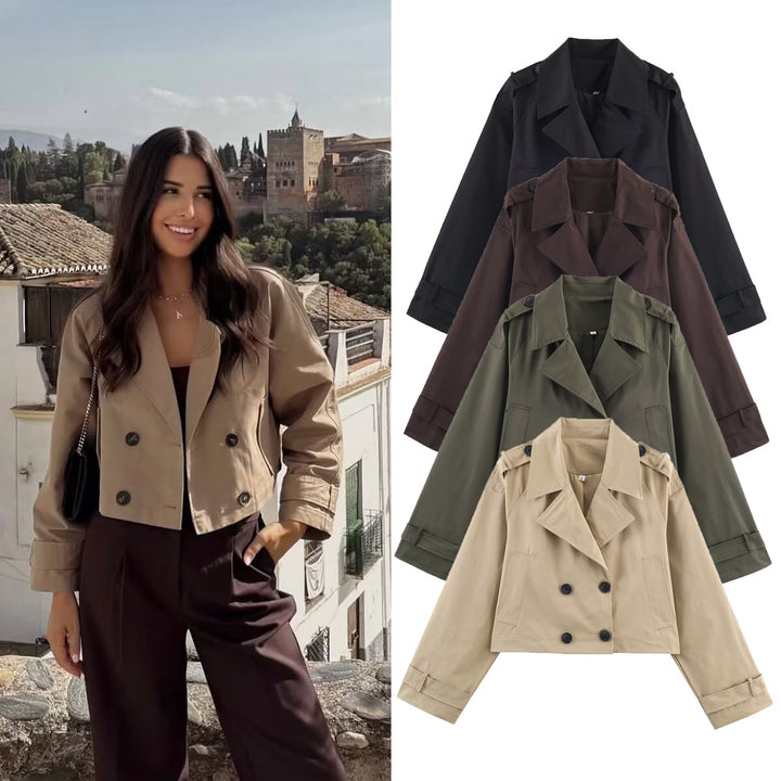Damen Kurzgeschnittene Trenchjacke im Boxy‑Schnitt mit Doppelreiher und Schulterriegeln Echo Archiv