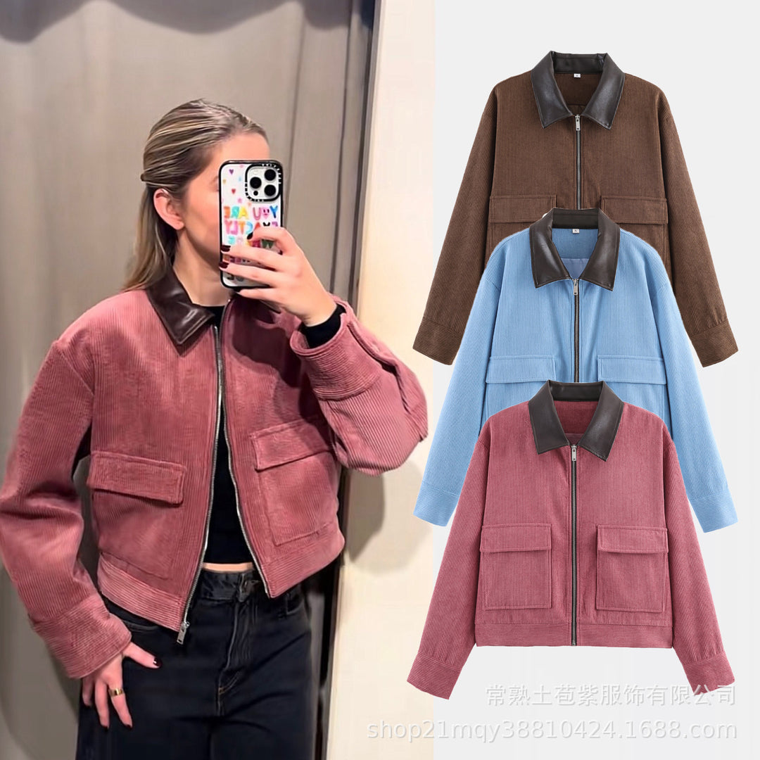 Damen Cordjacke mit Reißverschluss, Kunstlederkragen und aufgesetzten Taschen Echo Archiv