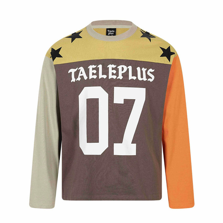 Unisex Langarmshirt im Vintage-Sportstil mit Nummernprint und Stern-Applikationen Echoarchiv
