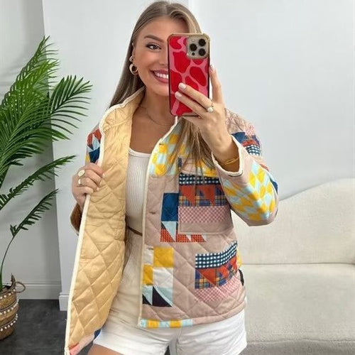 Damen nan gesteppte Patchwork-Quiltjacke mit Stehkragen und aufgesetzten Klappentaschen Echo Archiv