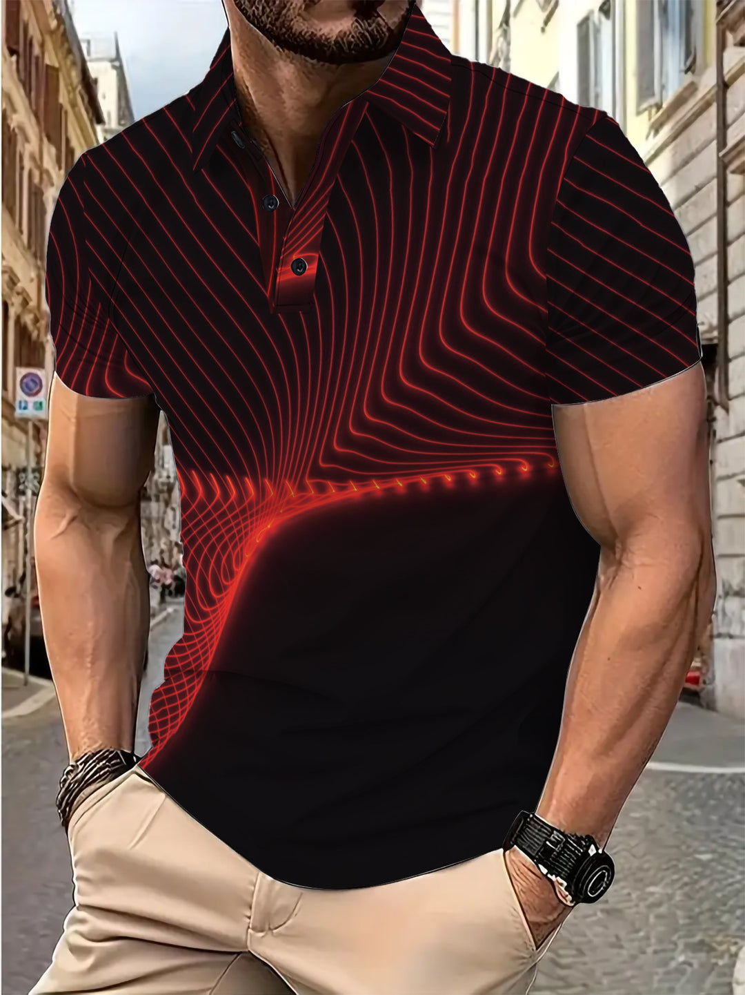 Herren Poloshirt mit dynamischem Wellenmuster und atmungsaktiven Eigenschaften Echoarchiv