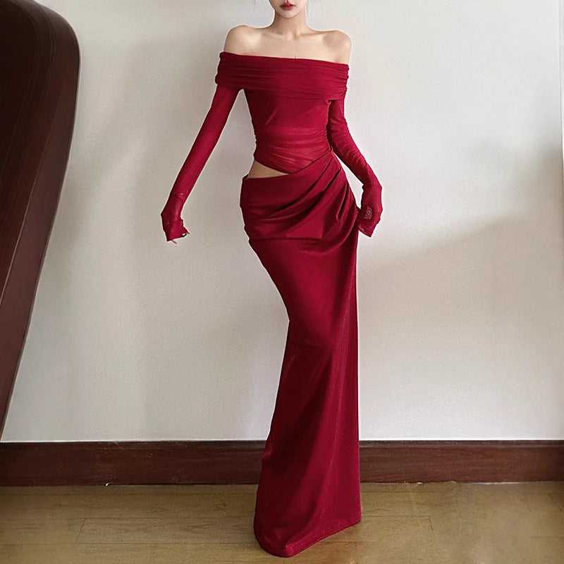 Damen Off-Shoulder Maxikleid mit figurbetonendem Design und Raffung Echo Archiv