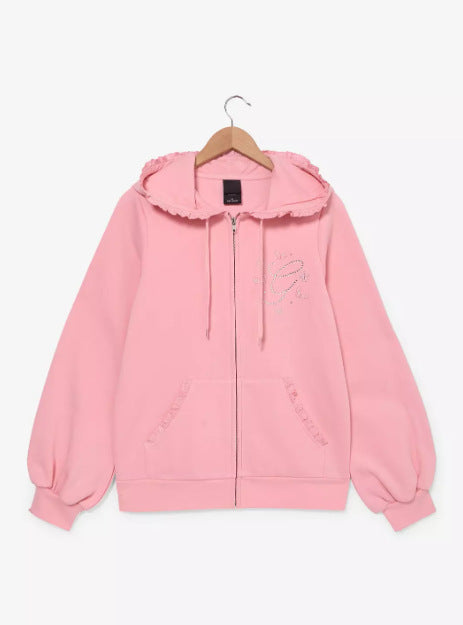 Damen nan Rüschen-Kapuzen-Sweatjacke mit Ballonärmeln und Strasslogo Echo Archiv
