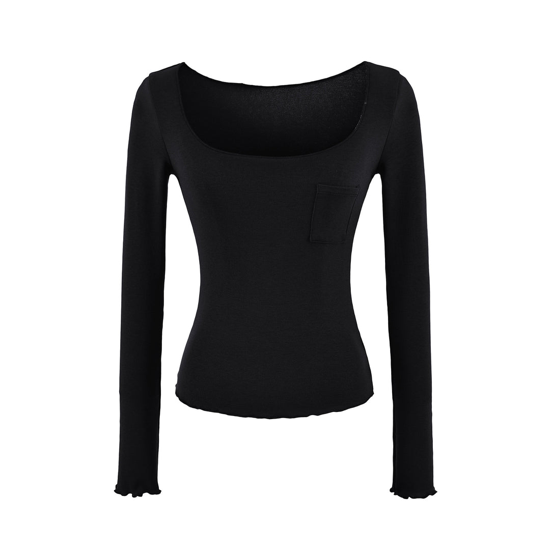 Damen Figurbetontes geripptes Langarmshirt mit weitem Quadrat-Ausschnitt und Brusttasche Echoarchiv