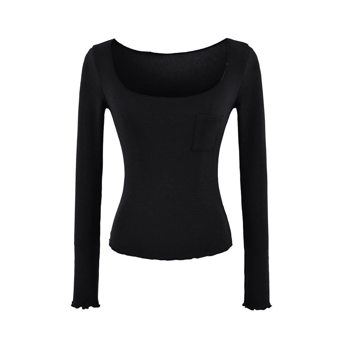 Damen Figurbetontes geripptes Langarmshirt mit weitem Quadrat-Ausschnitt und Brusttasche Echoarchiv