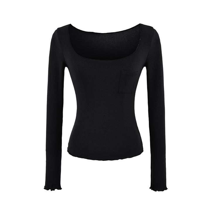 Damen Figurbetontes geripptes Langarmshirt mit weitem Quadrat-Ausschnitt und Brusttasche Echoarchiv