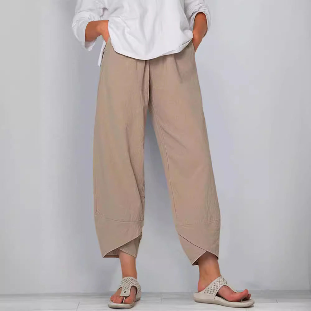 Damen nan weit geschnittene Leinenhose mit Tulpen-Saum und elastischem Bund Echo Archiv