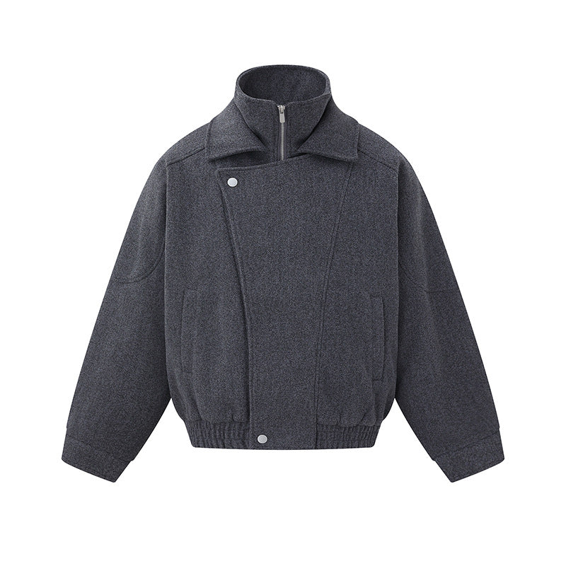 Herren Boxy Wollmix-Blousonjacke mit asymmetrischem Doppelverschluss und hohem Stehkragen Echoarchiv