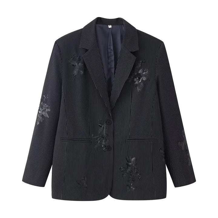 Damen legerer Ein-Knopf-Blazer im Nadelstreifen mit floraler Pailletten-Applikation – Valéne