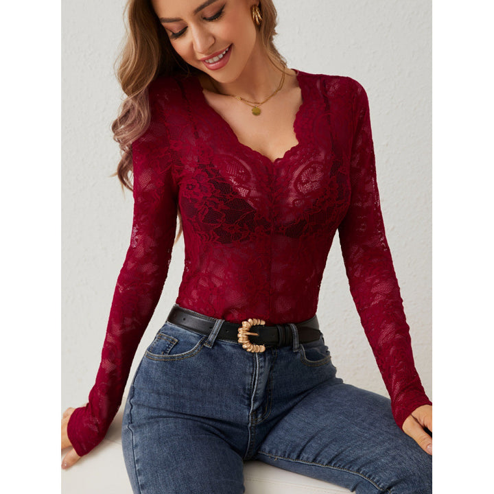 Damen Spitzen-Bodysuit mit tiefem V-Ausschnitt und transparenten Ärmeln Echo Archiv
