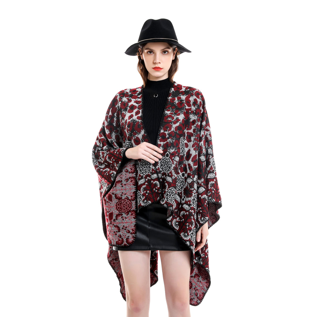 Damen Jacquard-Überwurfponcho im kastigen Kimono-Fall mit floral-animalischem Muster Echo Archiv