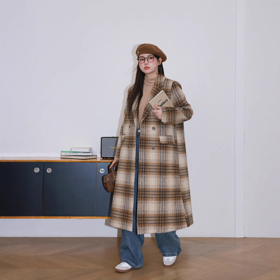 Damen Karierter Bouclé-Blazer mit Reverskragen und aufgesetzten Taschen Echoarchiv