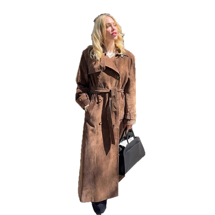 Damen Maxilanger Veloursleder‑Trenchcoat mit Bindegürtel Echoarchiv