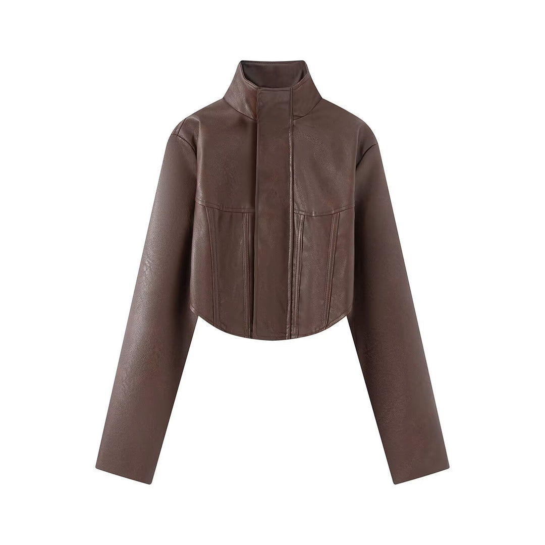 Damen Kurze Lederoptik-Jacke mit Korsagennaht und Stehkragen Echo Archiv
