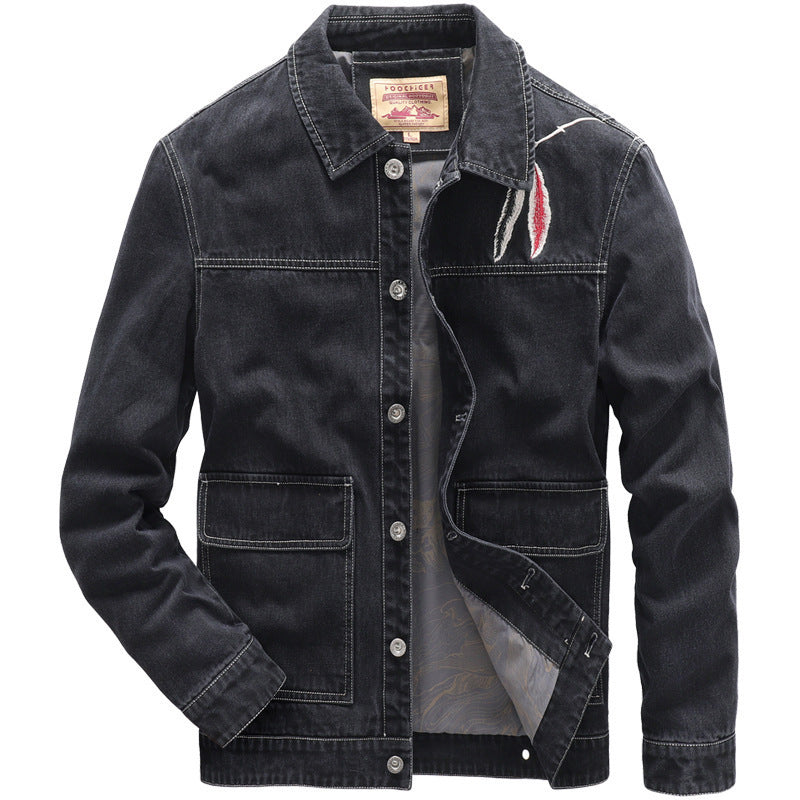 Herren Jeans-Truckerjacke mit Stickdetail und aufgesetzten Taschen – Denvaro