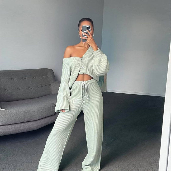 Damen geripptes Strick-Zweiteiler Set mit Cropped-Cardigan, Kordelzug-Hochbundhose und Komfortpassform – Élanora