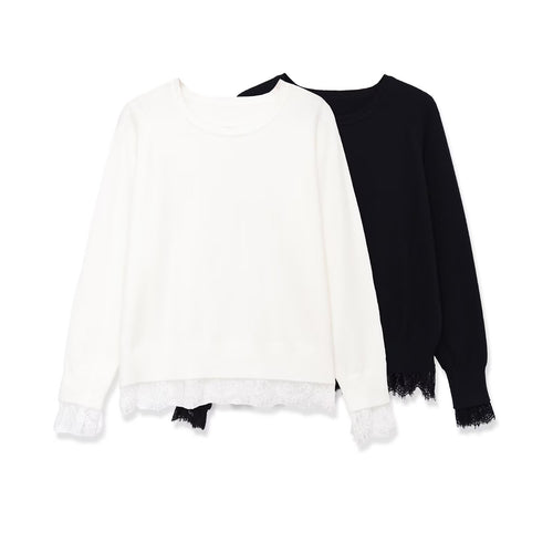 Damen Oversize Baumwollpullover mit Spitzenbesatz Echo Archiv