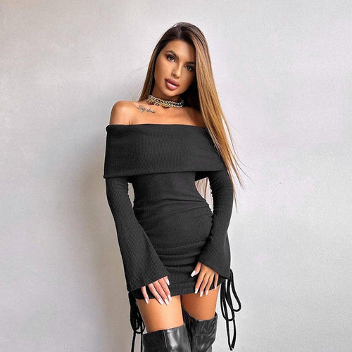 Damen Off-Shoulder Mini-Kleid mit Raffung und langen Ärmeln Echo Archiv