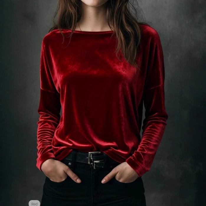 Damen Feines Velours-Langarmshirt mit U-Boot-Ausschnitt und kastiger Silhouette Echoarchiv