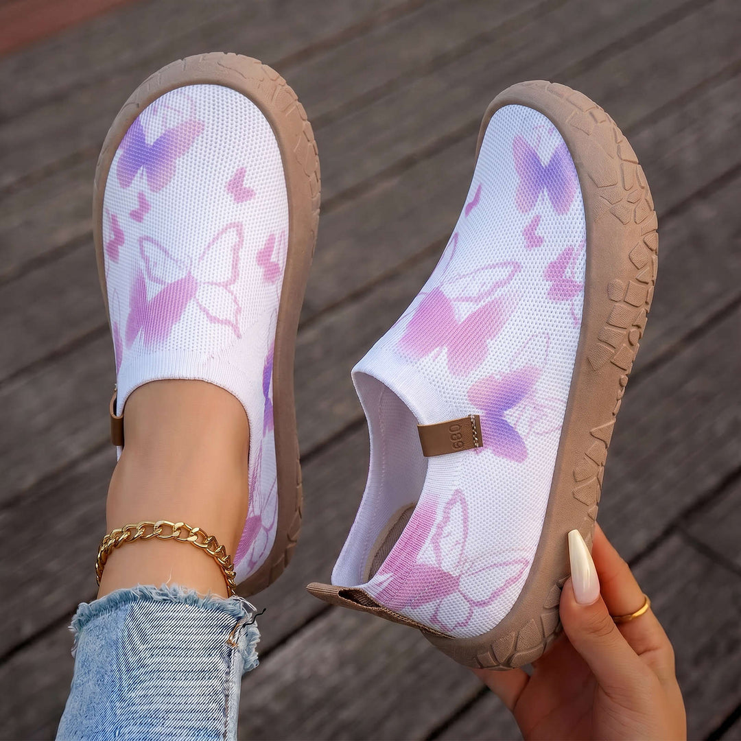 Damen nan atmungsaktiver Strick-Slipper mit Aquarell-Schmetterlingsprint und griffiger Outdoorsohle Echo Archiv