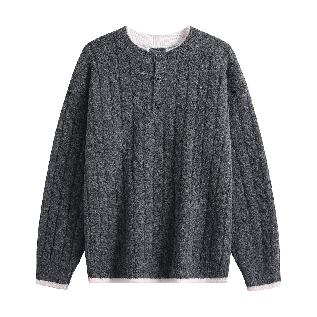 Damen Zopfmuster-Henley-Pullover mit Rundhalsausschnitt & Knopfleiste Echoarchiv