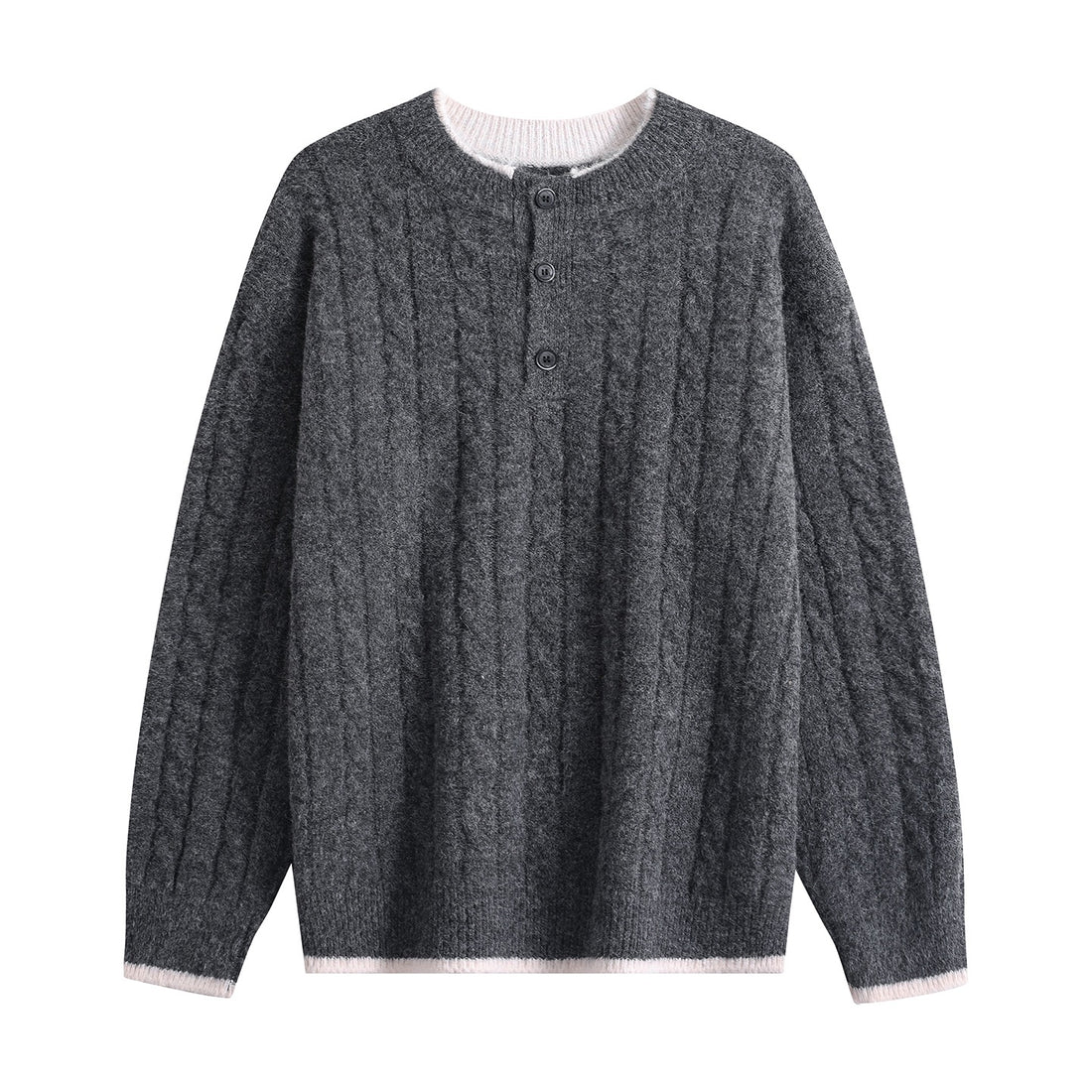 Damen Zopfmuster-Henley-Pullover mit Rundhalsausschnitt & Knopfleiste Echoarchiv