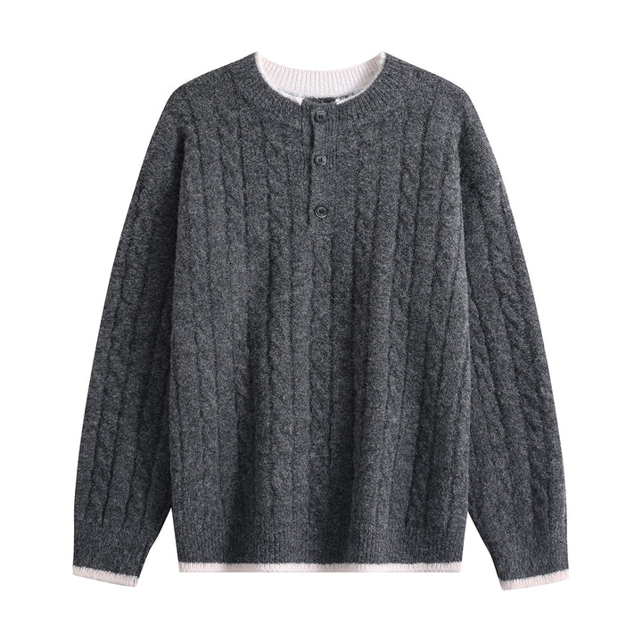 Damen Zopfmuster-Henley-Pullover mit Rundhalsausschnitt & Knopfleiste Echoarchiv