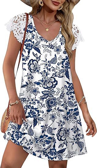 Damen Sommerkleid mit eleganten Spitzenärmeln und floralem Muster Echo Archiv