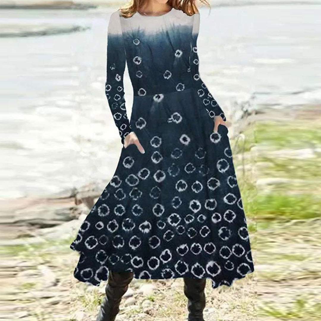 Damen nan fließendes Maxikleid mit Batikkreis-Muster, Rundhalsausschnitt, Taillennaht und Eingrifftaschen Echo Archiv