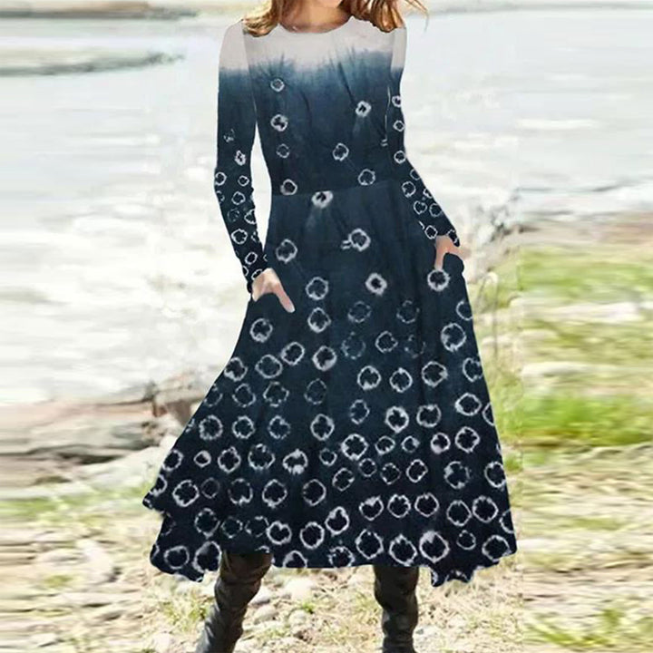 Damen nan fließendes Maxikleid mit Batikkreis-Muster, Rundhalsausschnitt, Taillennaht und Eingrifftaschen Echo Archiv