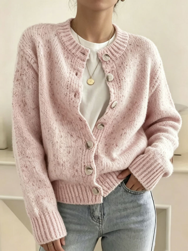 Damen Grobgestrickter Kurzcardigan mit Rundhalsausschnitt und meliertem Tweed-Effekt – Veloura