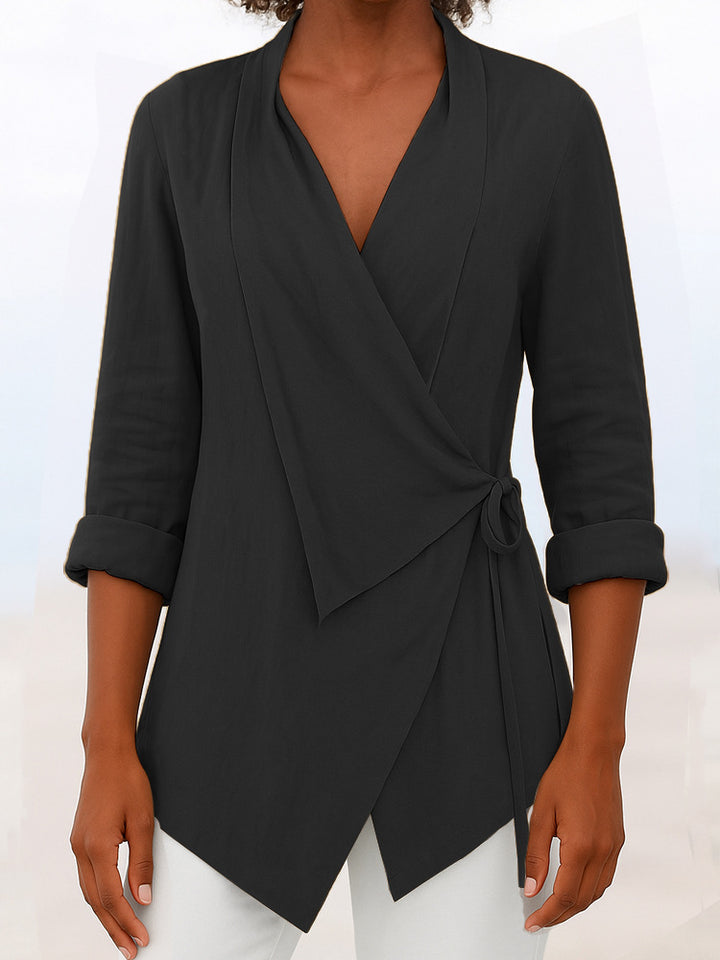 Damen Asymmetrische Wickelbluse mit Schalkragen und 3/4-Ärmeln – Élovi