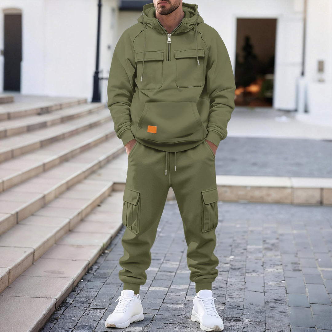 Herren technischer Oversize-Hoodie mit Halbzip, Kapuze, Kängurutasche und aufgesetzten Utility-Taschen – Cavarno